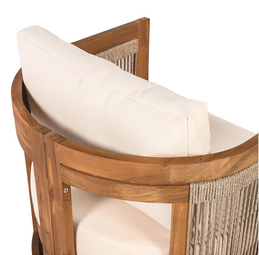 Modern Rosewood Garden Chair Curved Tub Design with Woven Rope Accents Water-Resistant Cushions