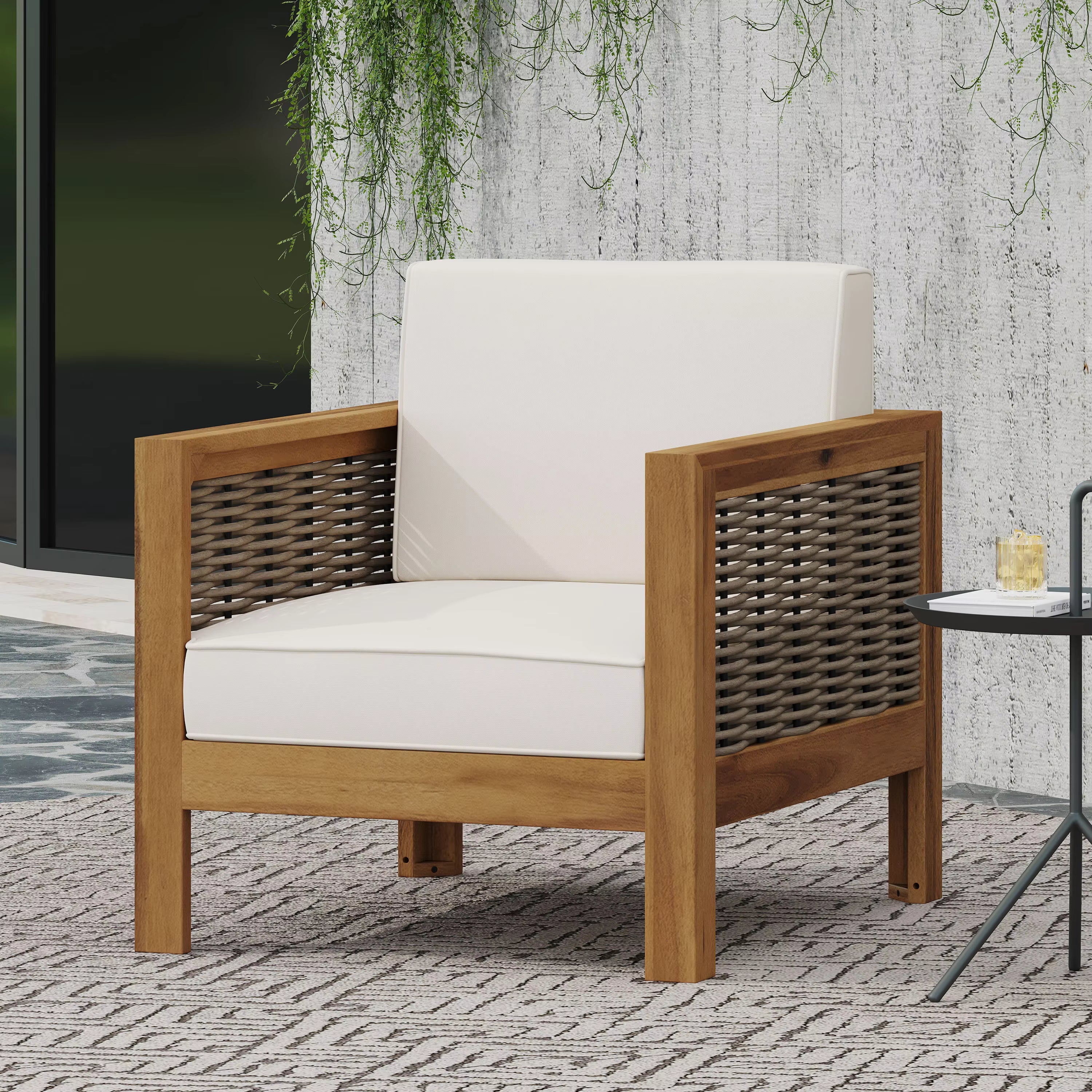 Modern Teak Outdoor Dining Chair-Rope Light Gray Cushion Waterproof Garden Patio Furniture with Wood Legs