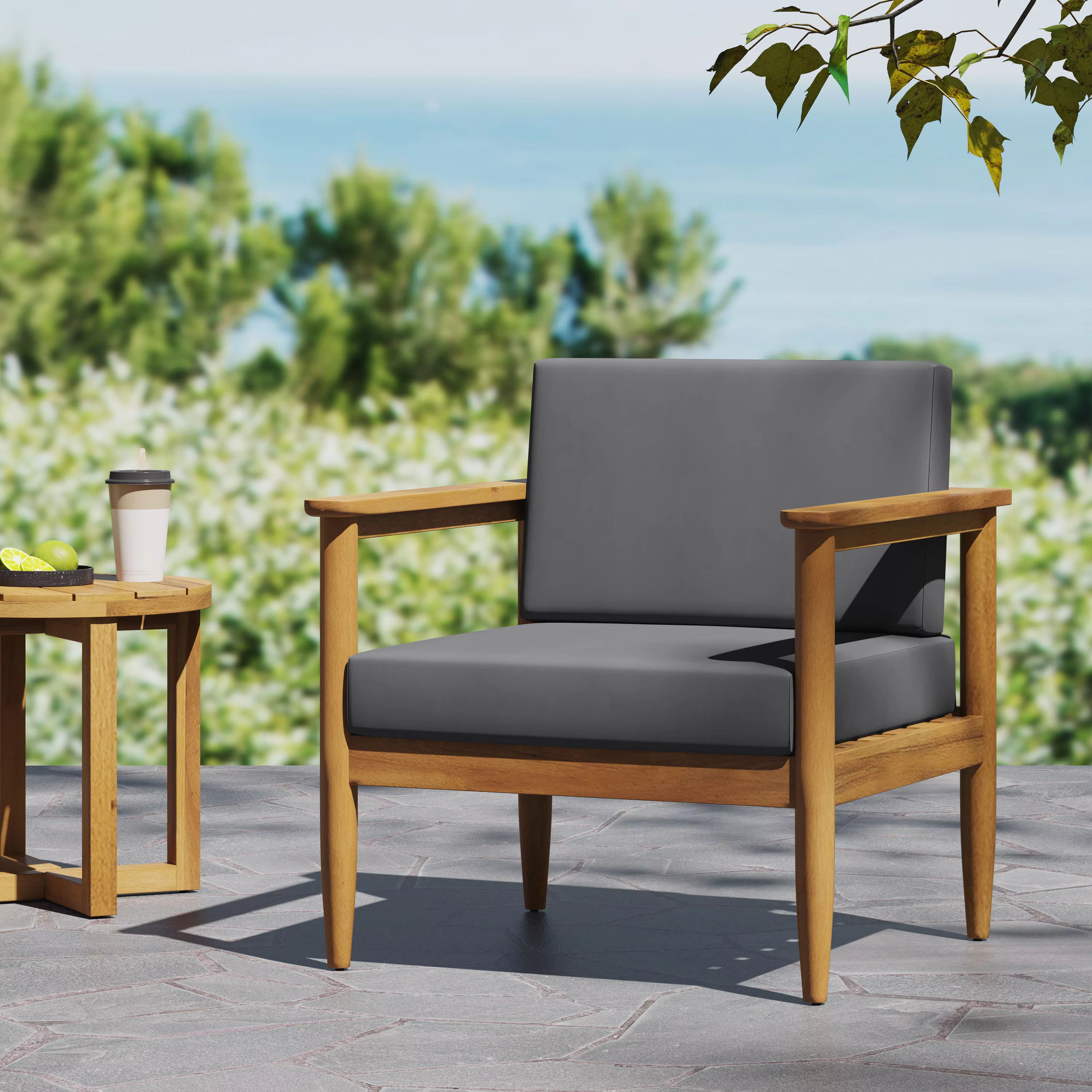 Outdoor Furniture Modern Luxury Accent Chair with Natural Teak Wood Legs and Cushion for Dining