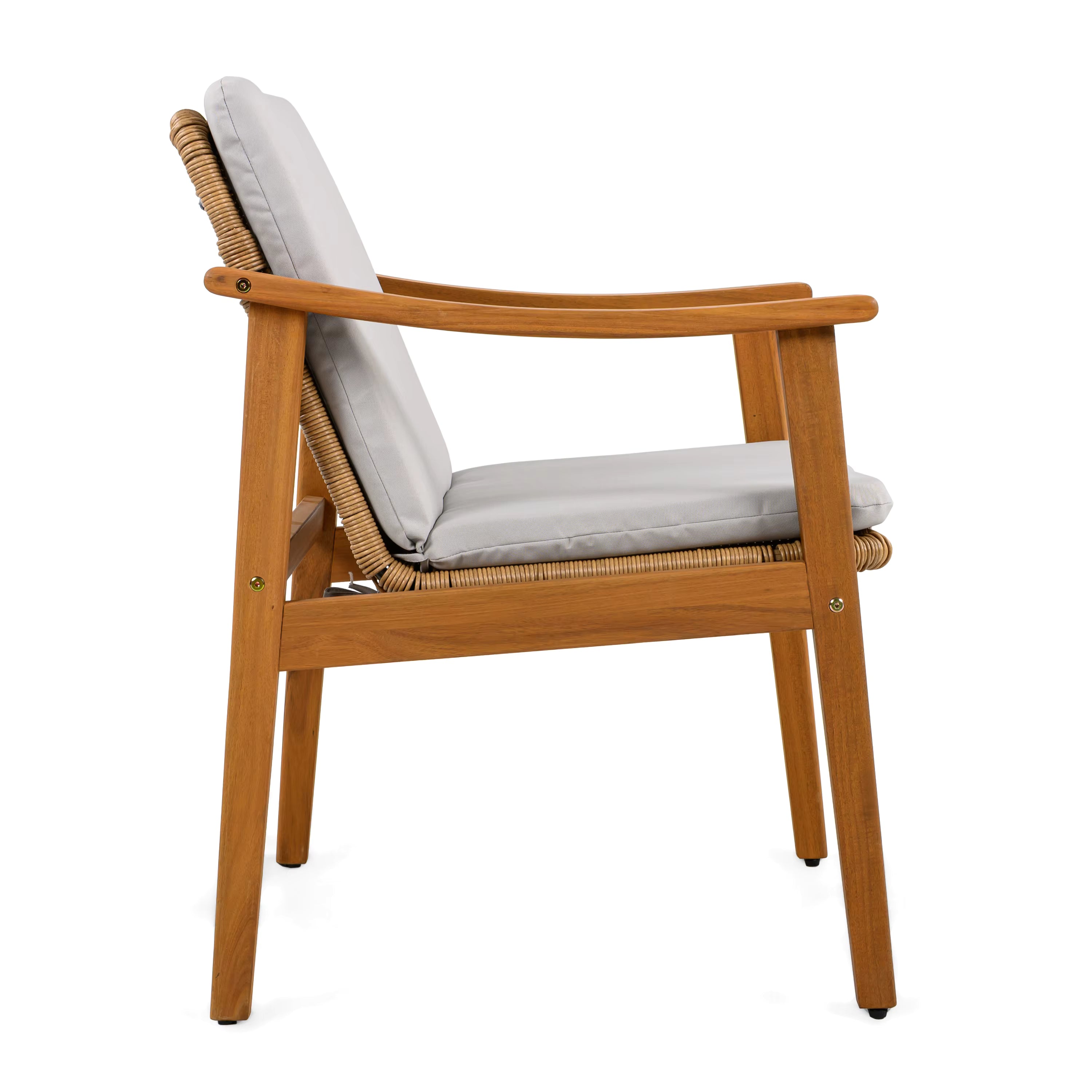 Modern Outdoor Dining Chairs Set of 2 Teak Color Acacia Wood Frame Brown PE Wicker Grey Waterproof Cushion for Home & Hotel Use