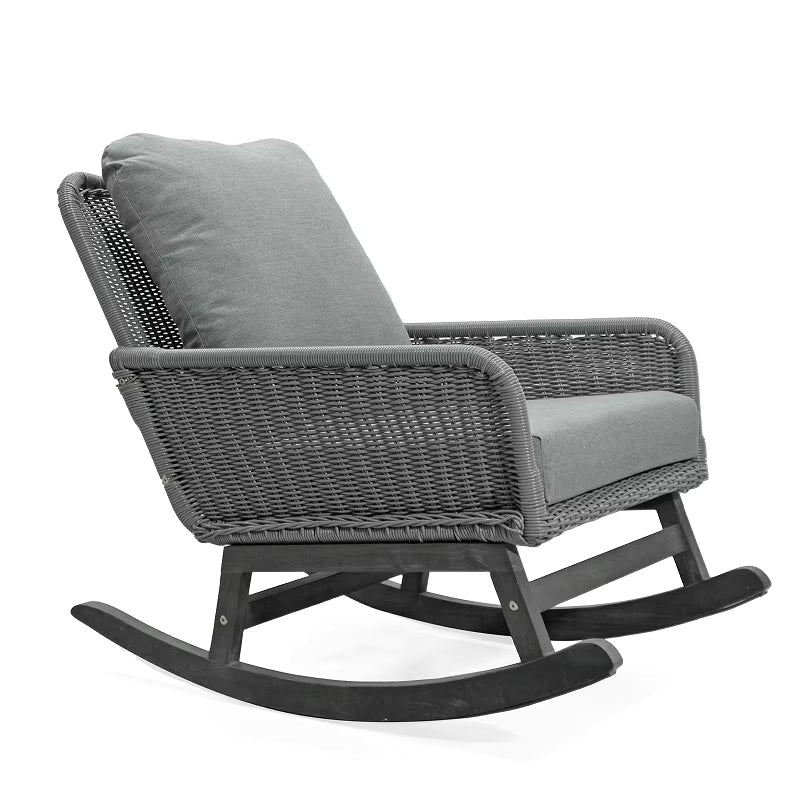 Modern Minimalist Gray Wicker Rocking Chair Comfortable Portable Soft Polyester Cushions Durable Wooden Frame for Outdoor Use