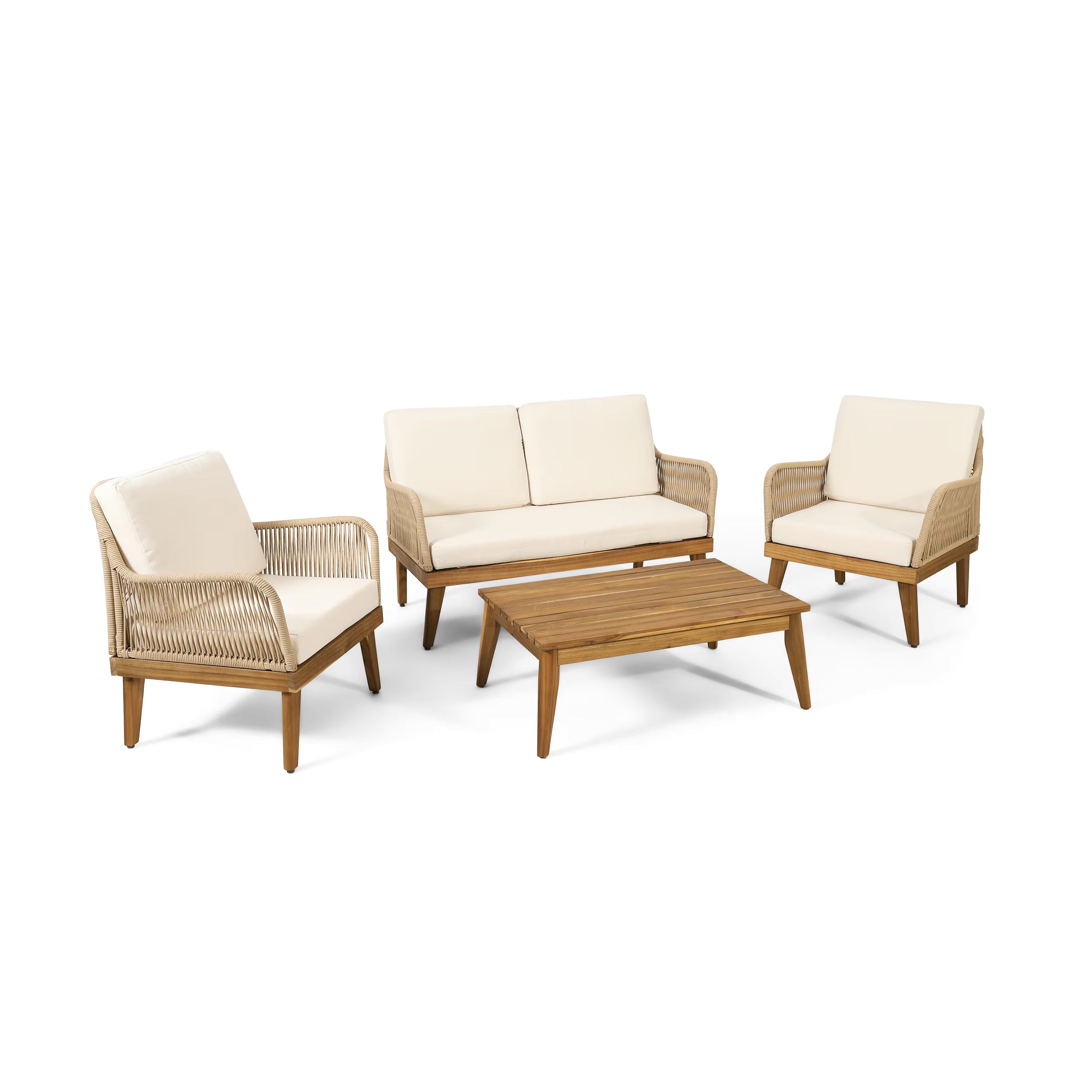 Outdoor 4-Piece Convertible Acacia Wood Chat Set Loveseat and 2 Club Chairs with Rope 1 Table Set for Hotels