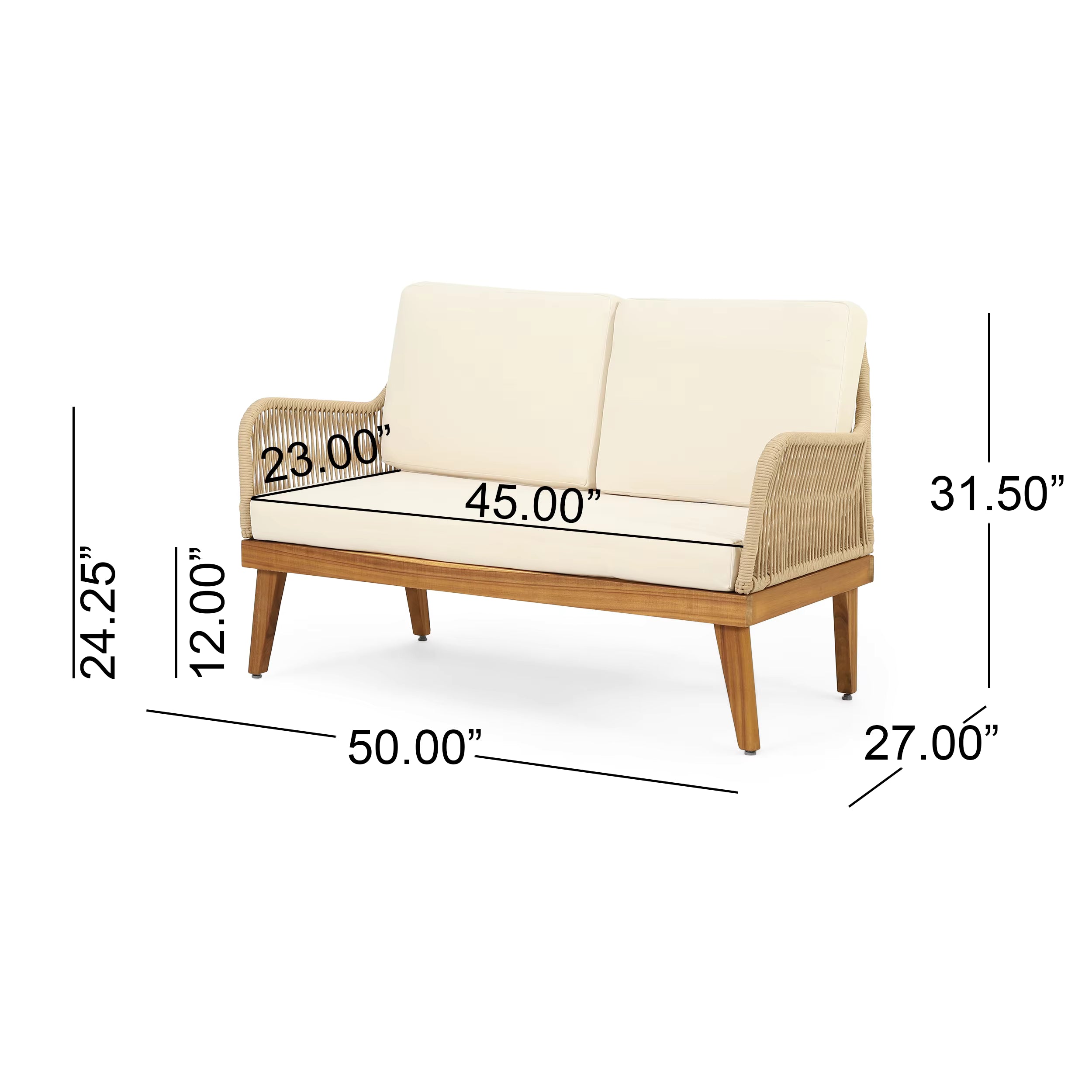 Outdoor 4-Piece Convertible Acacia Wood Chat Set Loveseat and 2 Club Chairs with Rope 1 Table Set for Hotels