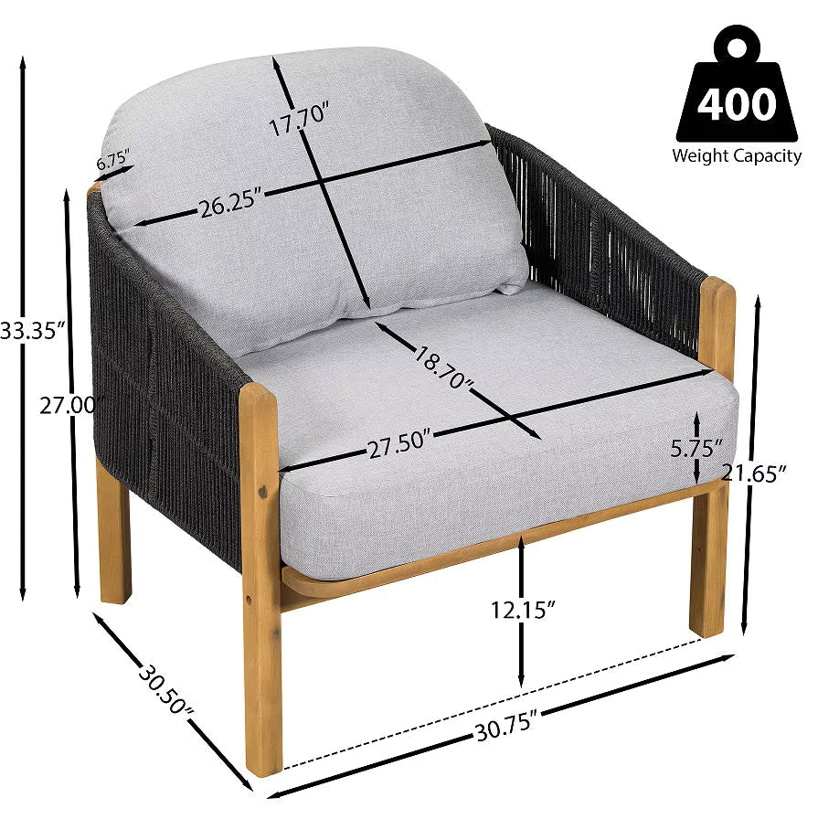 Modern Solid Wood Outdoor Club Chair with Waterproof Cushion and Dark Gray Rope Portable Design for Dining & Garden Use