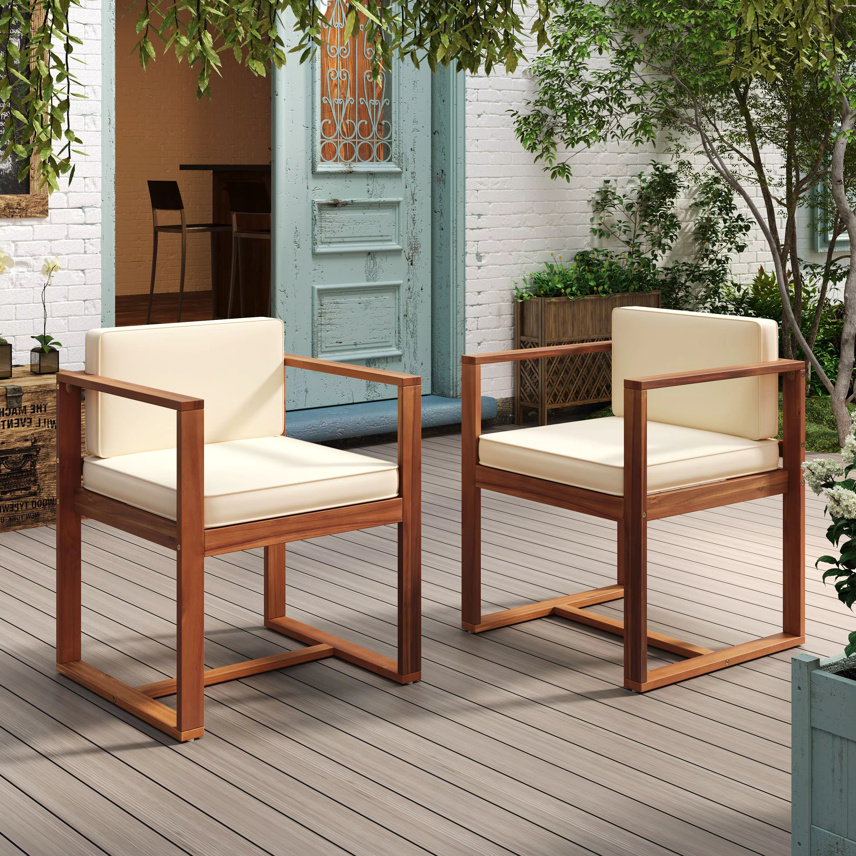Waterproof Modern Outdoor Wood Dining Arm Chair Set of 2 for Living Room
