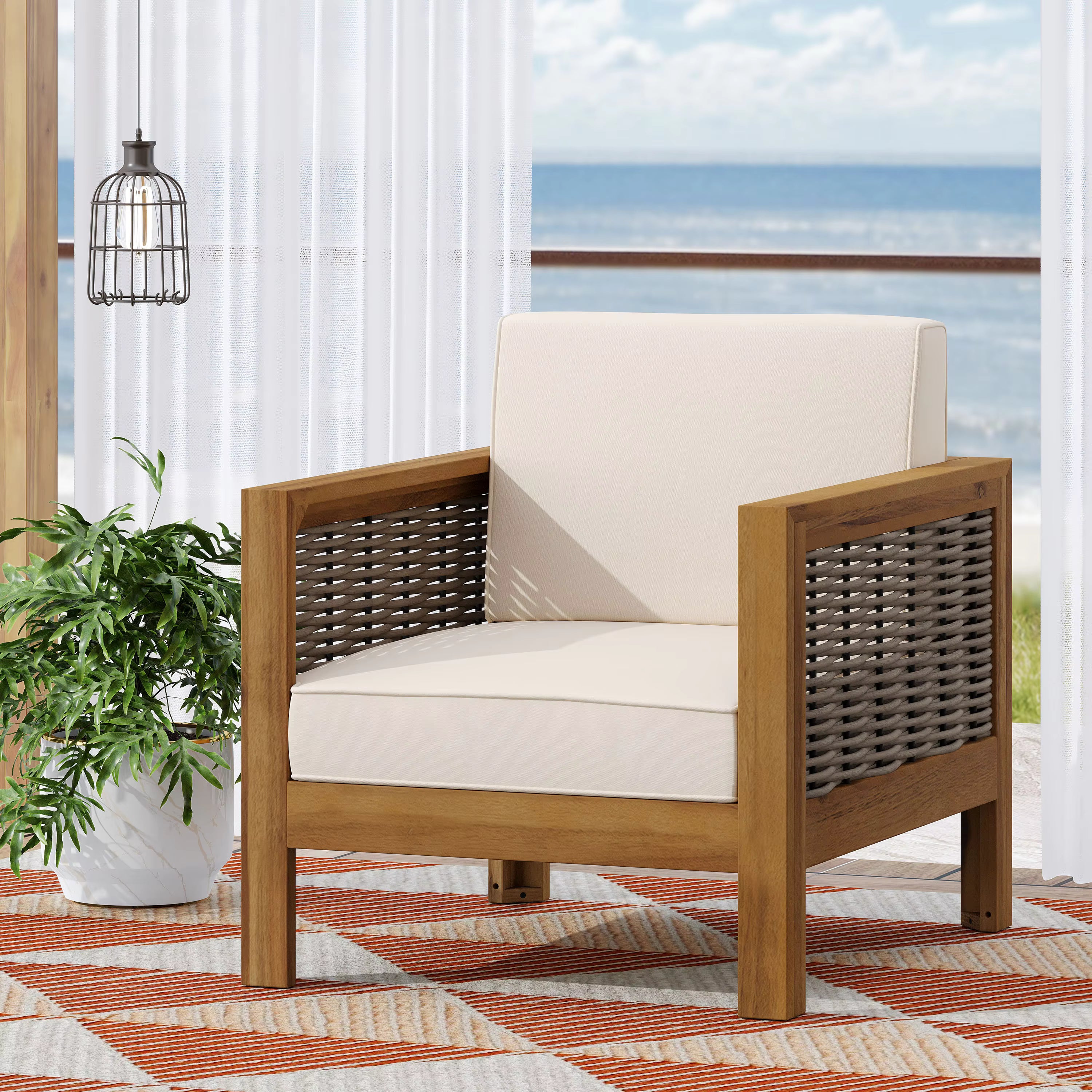 Modern Teak Outdoor Dining Chair-Rope Light Gray Cushion Waterproof Garden Patio Furniture with Wood Legs