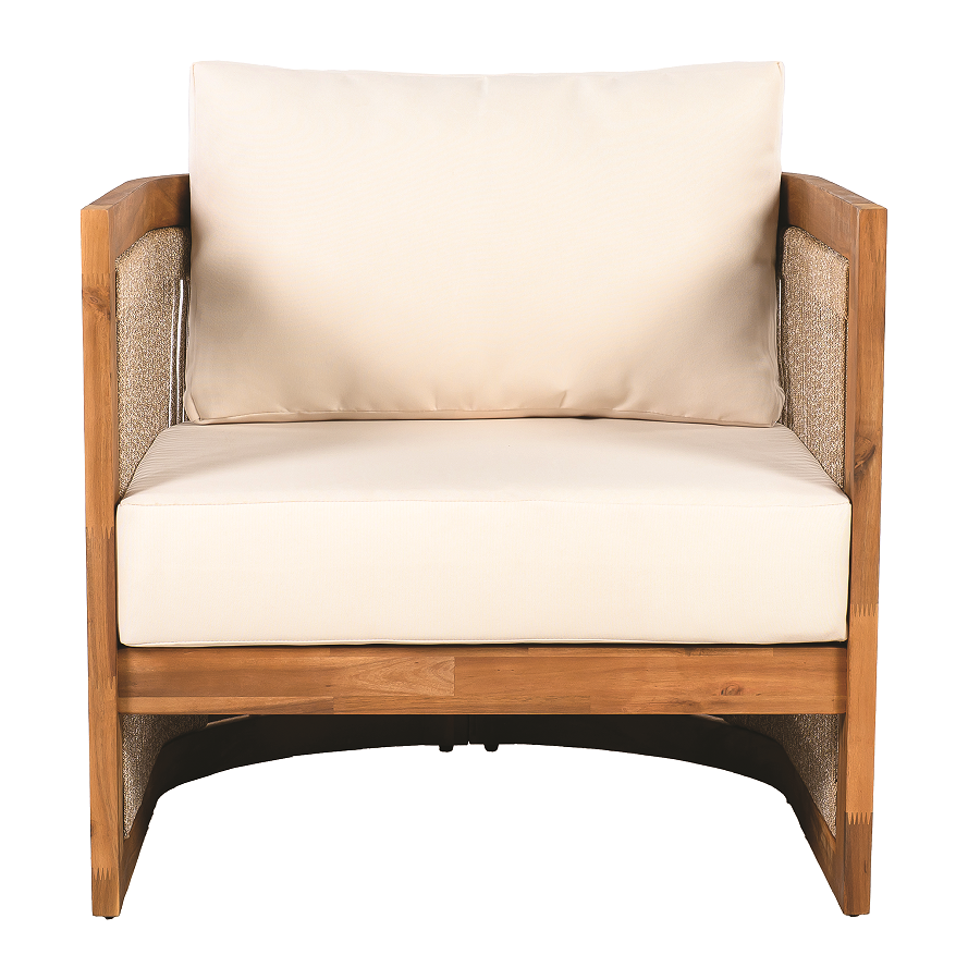 Modern Rosewood Garden Chair Curved Tub Design with Woven Rope Accents Water-Resistant Cushions