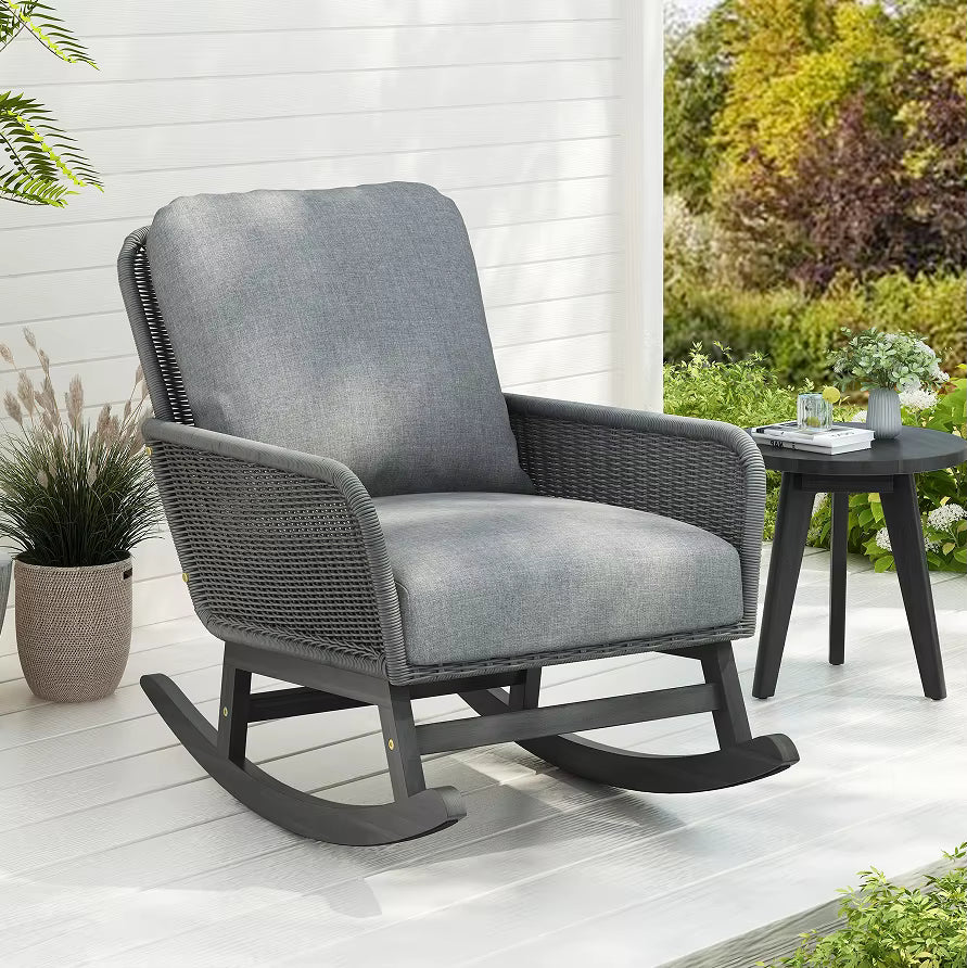 Modern Minimalist Gray Wicker Rocking Chair Comfortable Portable Soft Polyester Cushions Durable Wooden Frame for Outdoor Use