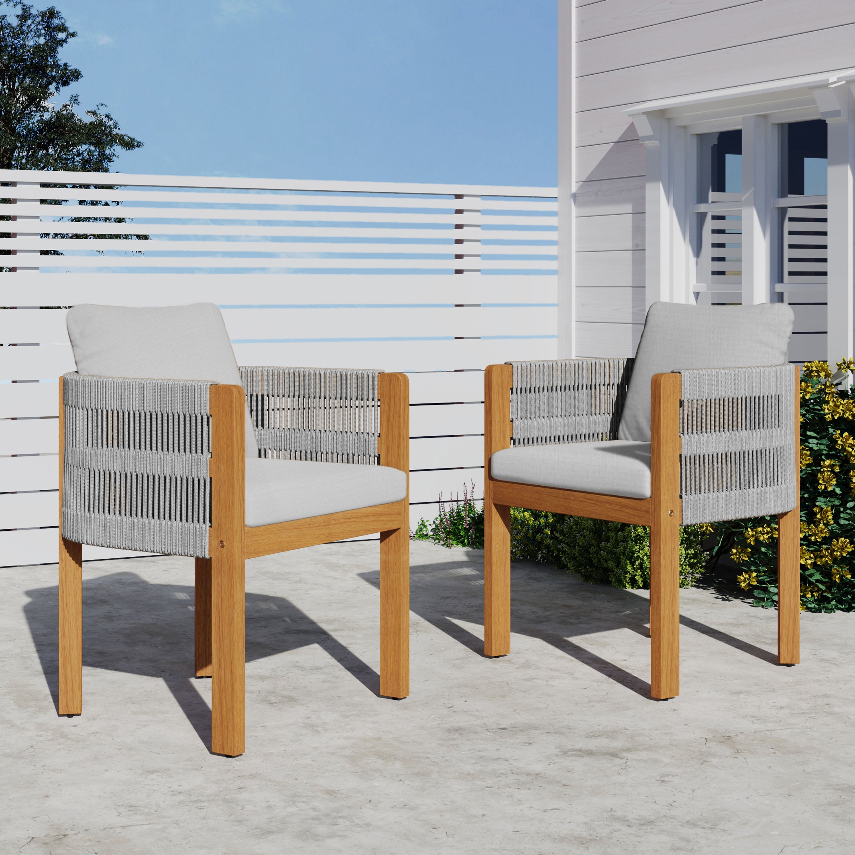 Modern Wood Outdoor Dining Chairs 2-Pack with Grey Rope Handles Washable Waterproof Cushions for Home Office