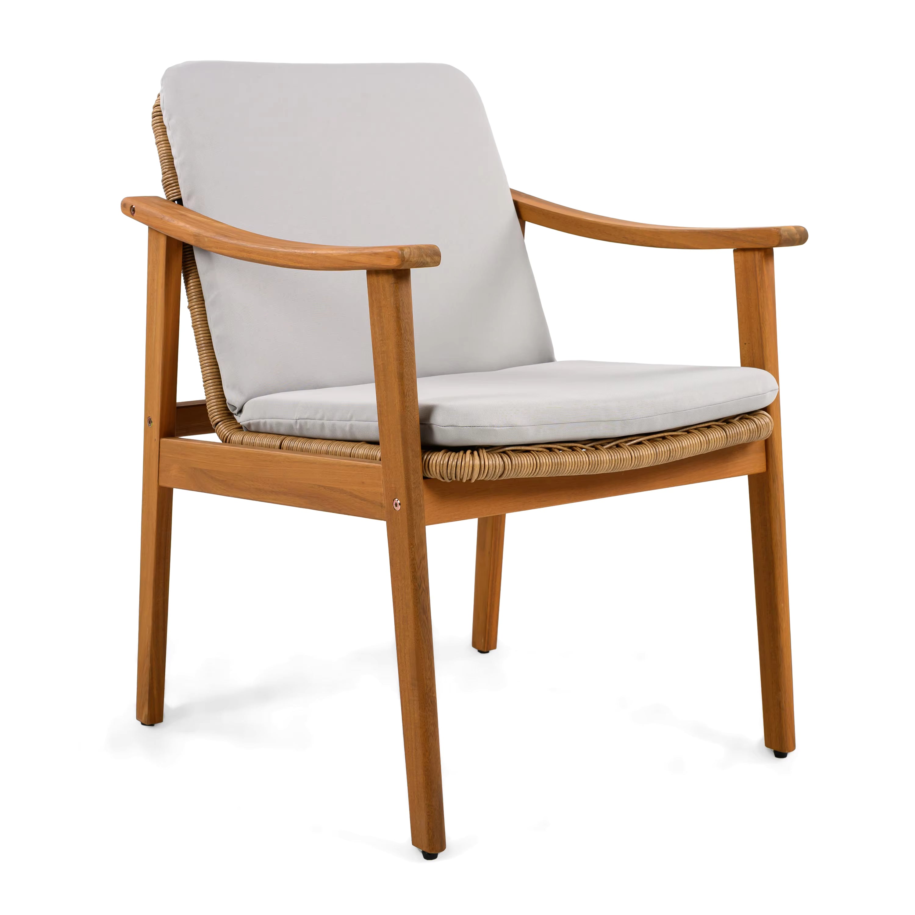 Modern Outdoor Dining Chairs Set of 2 Teak Color Acacia Wood Frame Brown PE Wicker Grey Waterproof Cushion for Home & Hotel Use