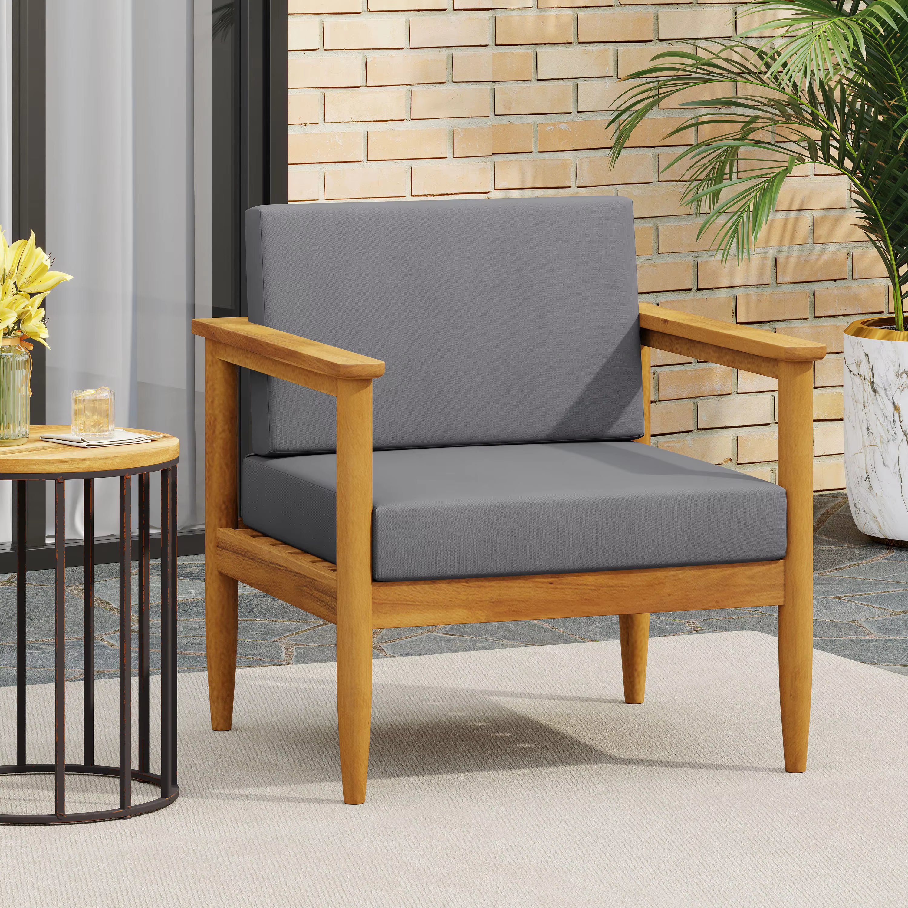 Outdoor Furniture Modern Luxury Accent Chair with Natural Teak Wood Legs and Cushion for Dining