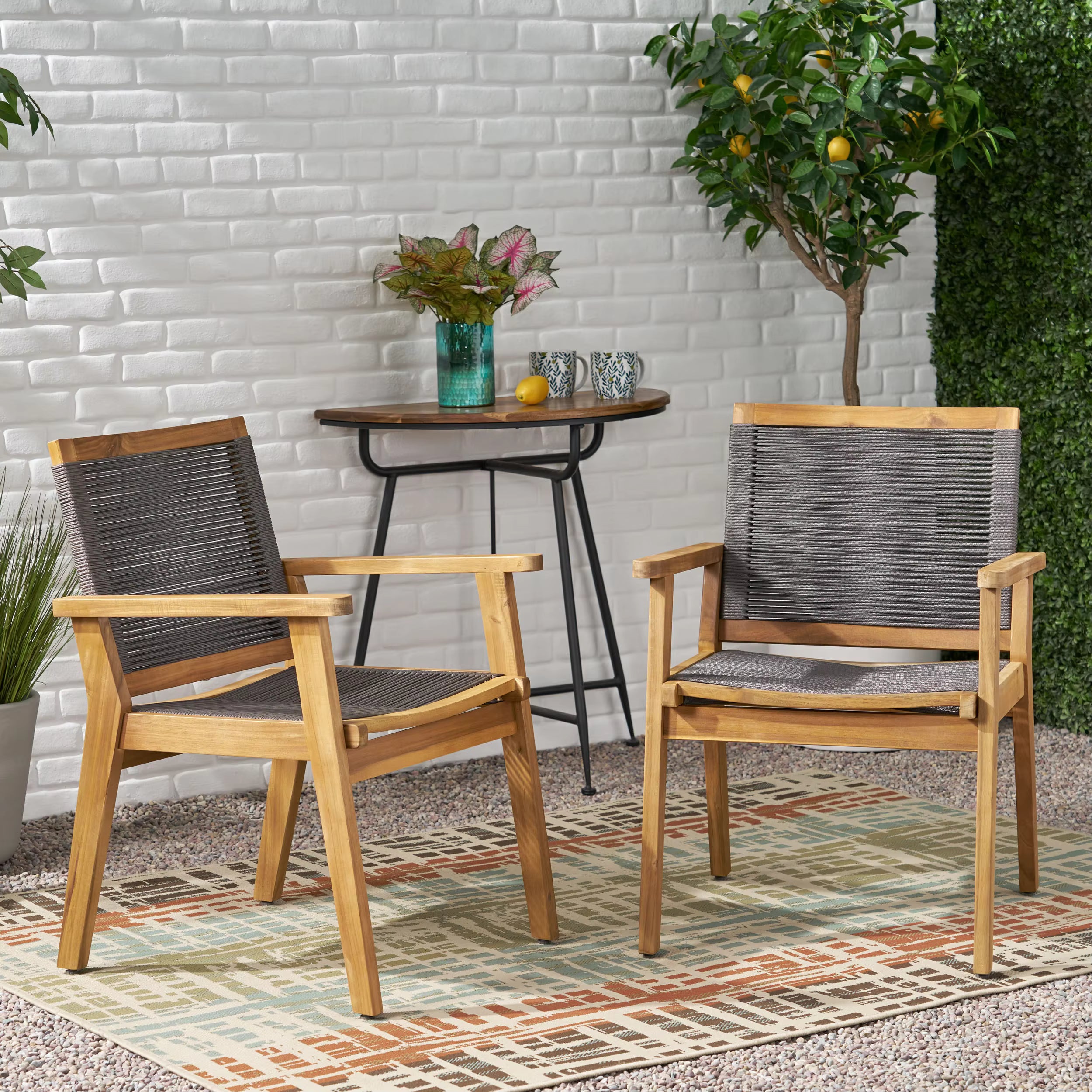 Modern Rope Dining Armchair with Solid Teak Wood Frame Durable and Eco-Friendly Design for Living Room SET OF 2