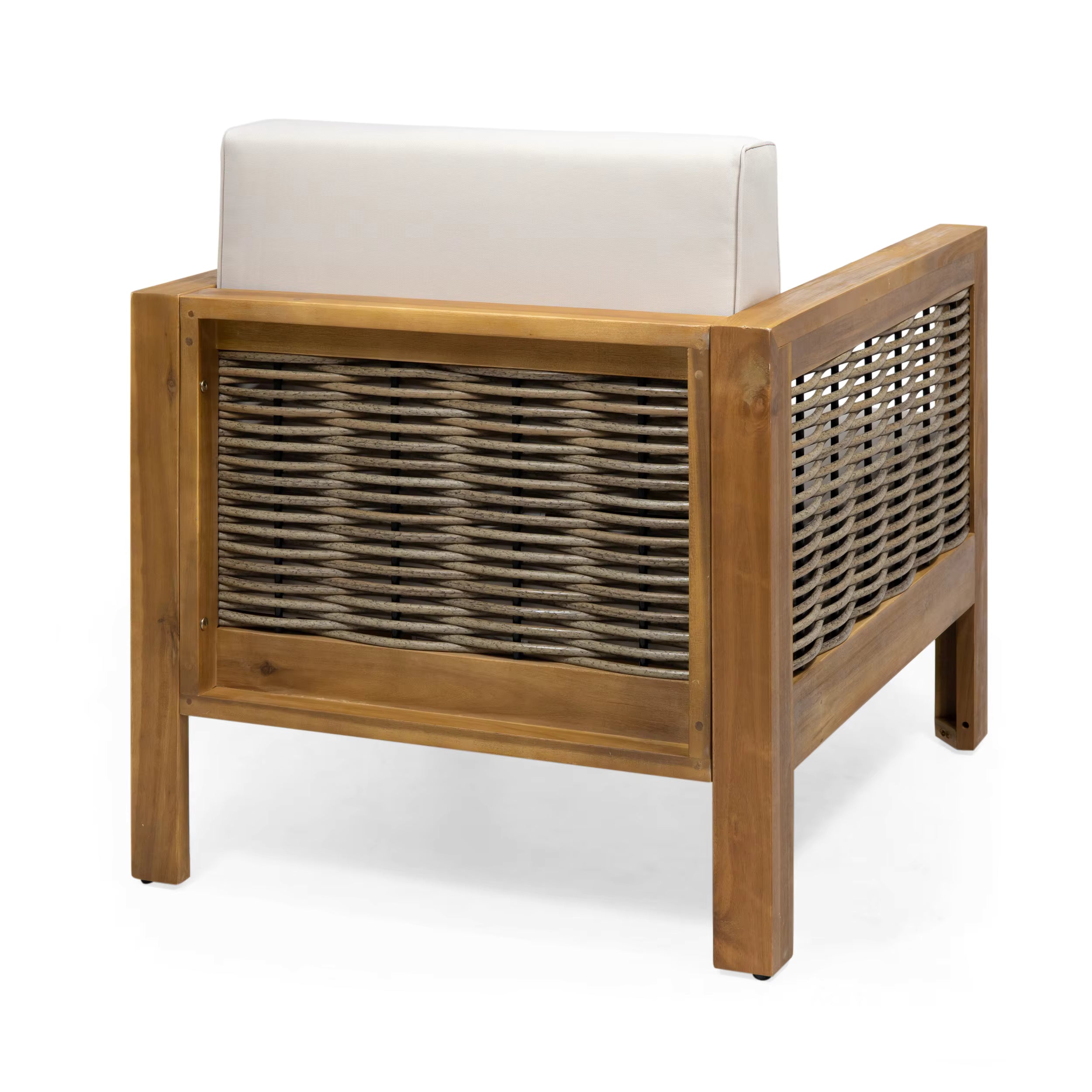 Modern Teak Outdoor Dining Chair-Rope Light Gray Cushion Waterproof Garden Patio Furniture with Wood Legs