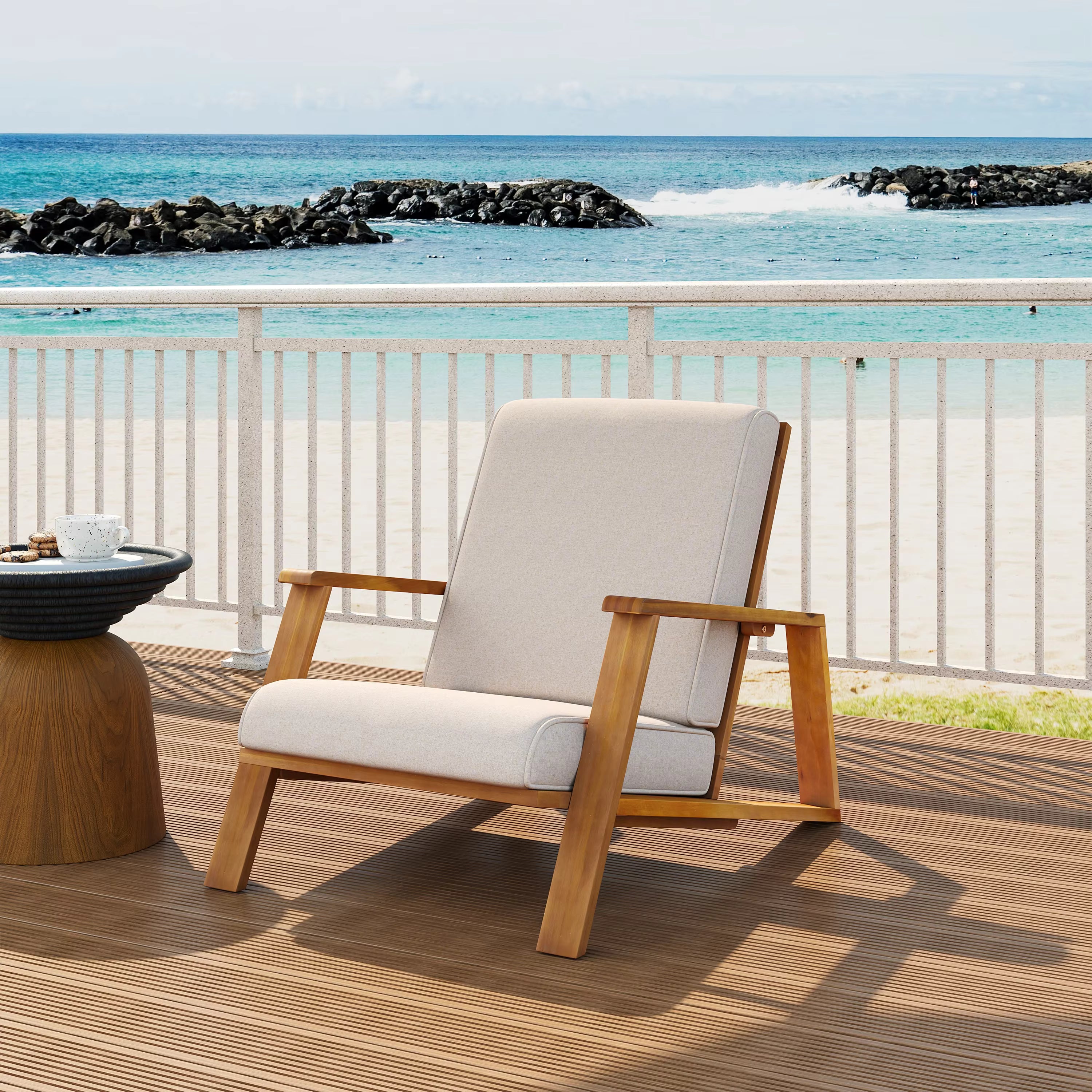 Modern Patio Lounge Chair Outdoor Club Chair with Beige Cushion and Teak Acacia Wood Frame for Courtyard and Beach Use