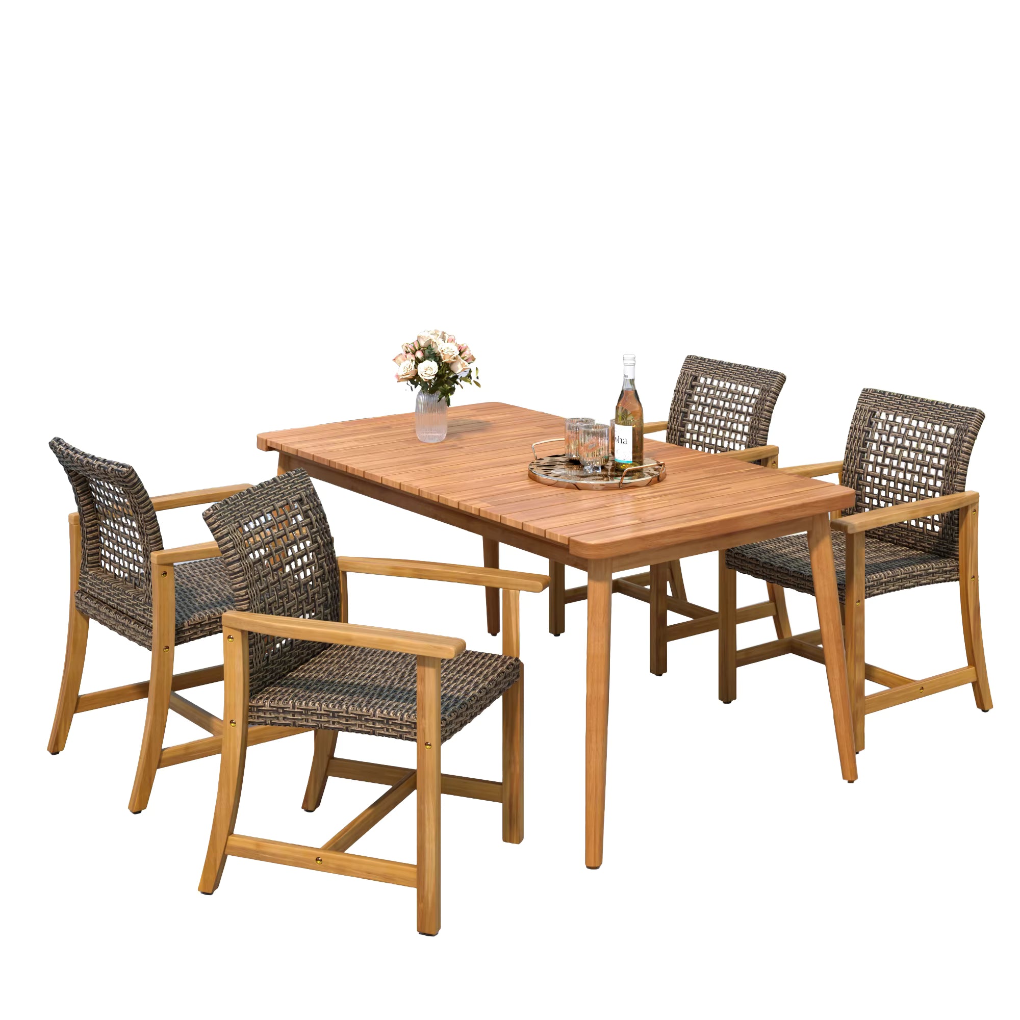 5-Piece Modern Design Water Resistant Patio Dining Set 63" Slatted Table & 4 Acacia Wood & PE Rattan Chairs for Patio Garden