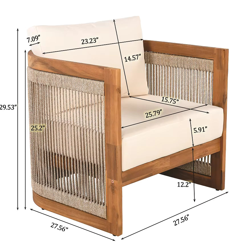 Modern Rosewood Garden Chair Curved Tub Design with Woven Rope Accents Water-Resistant Cushions