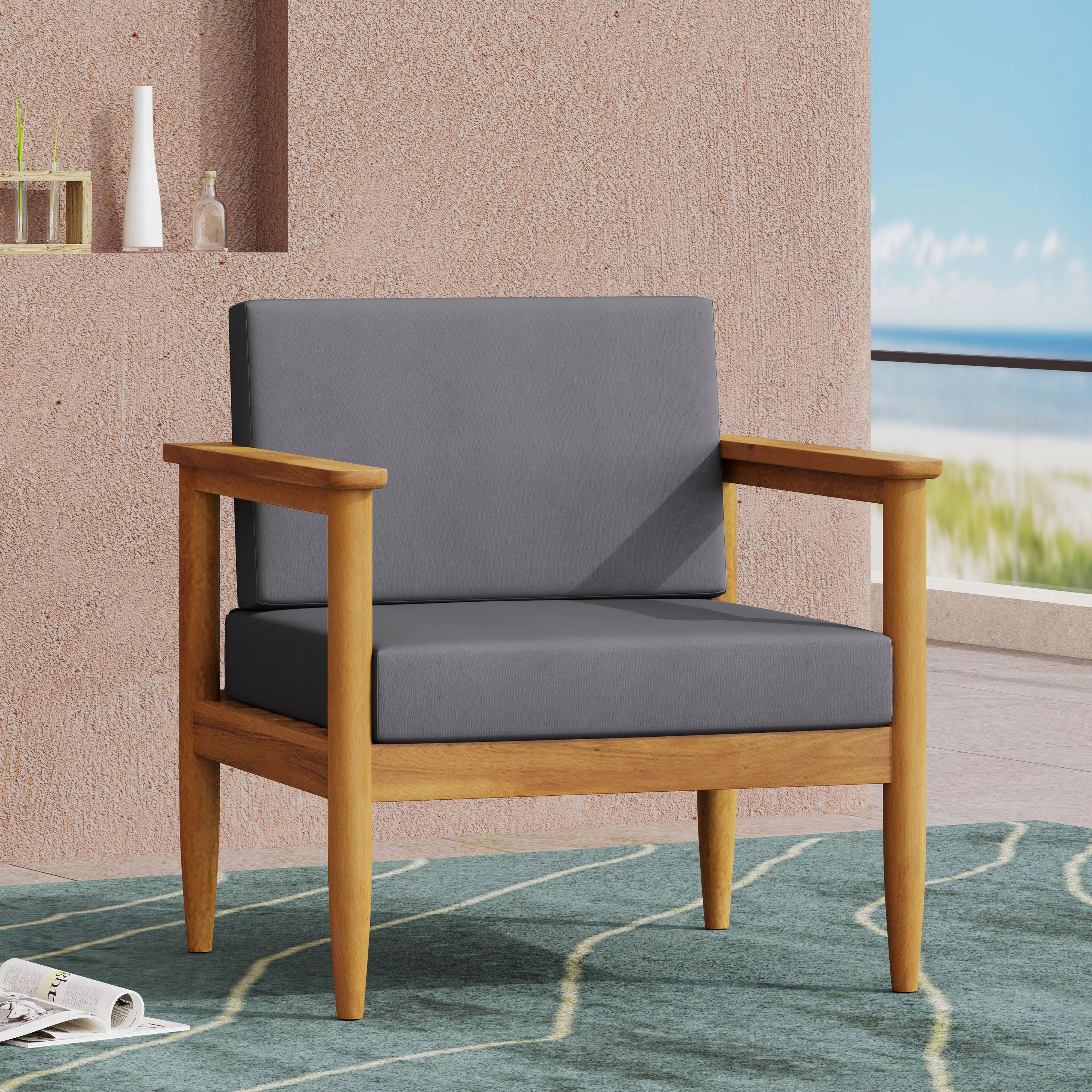 Outdoor Furniture Modern Luxury Accent Chair with Natural Teak Wood Legs and Cushion for Dining
