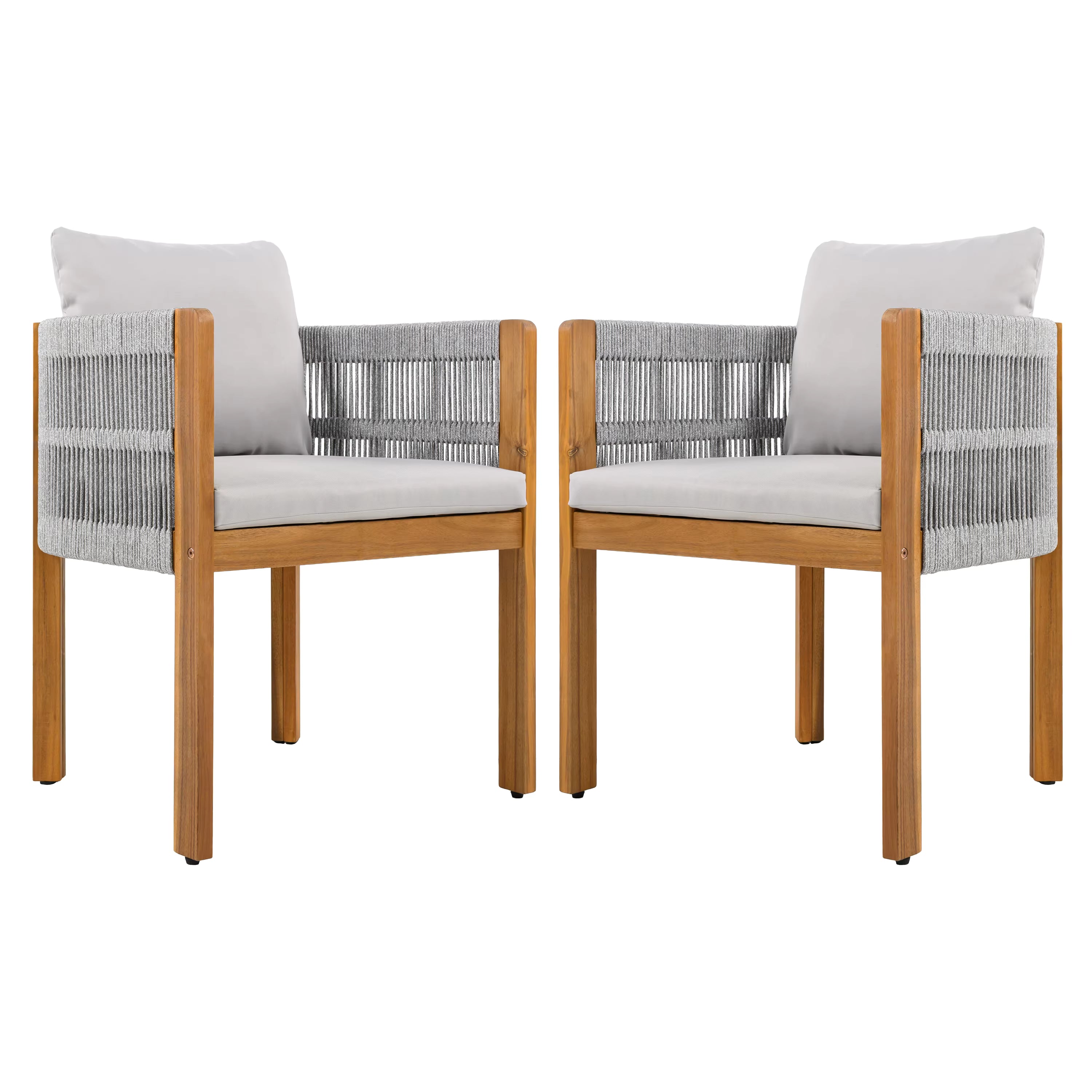 Modern Wood Outdoor Dining Chairs 2-Pack with Grey Rope Handles Washable Waterproof Cushions for Home Office