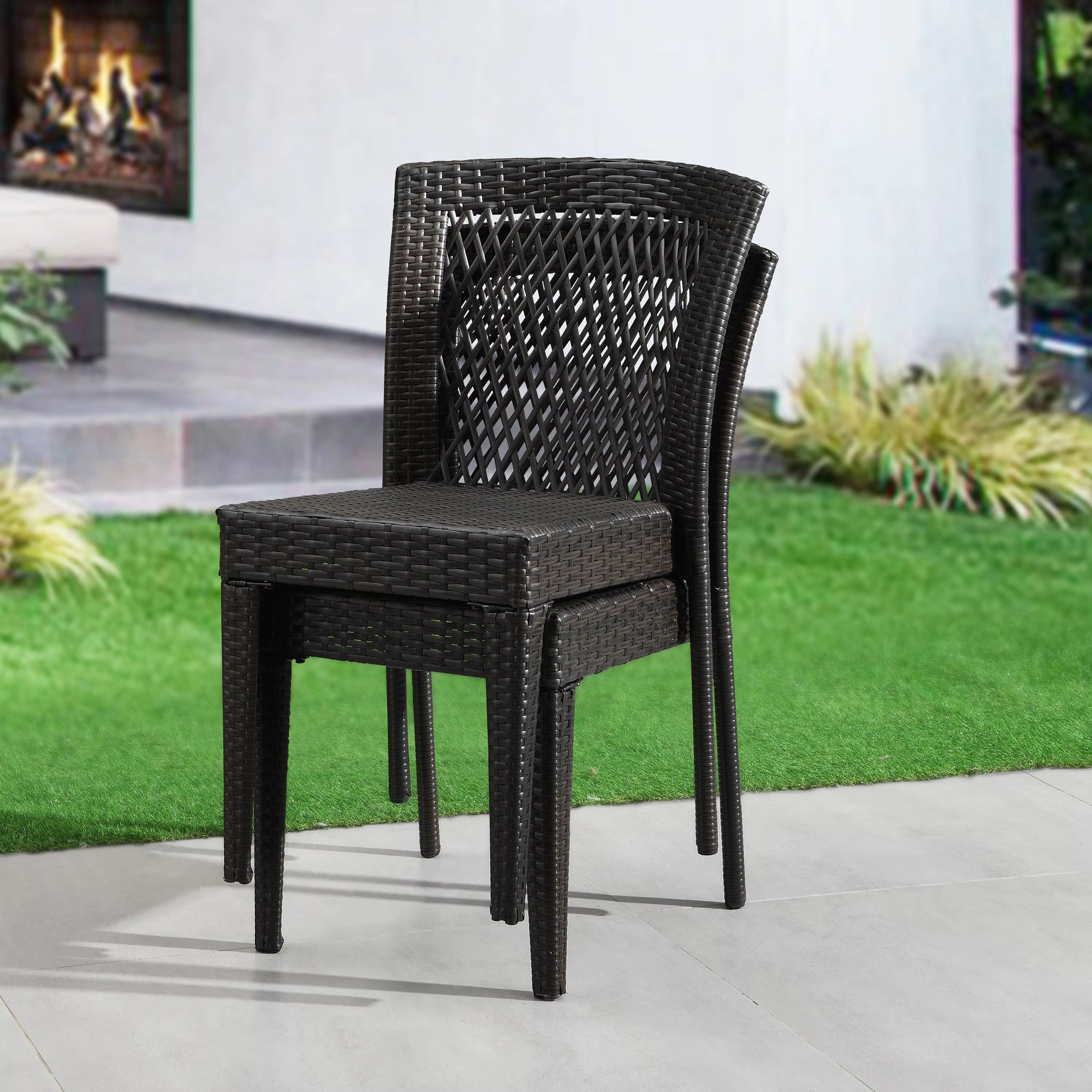 Outdoor Dining Chairs Set of 2, Stackable Chairs with UV-Resistant PE Rattan and Steel Frame