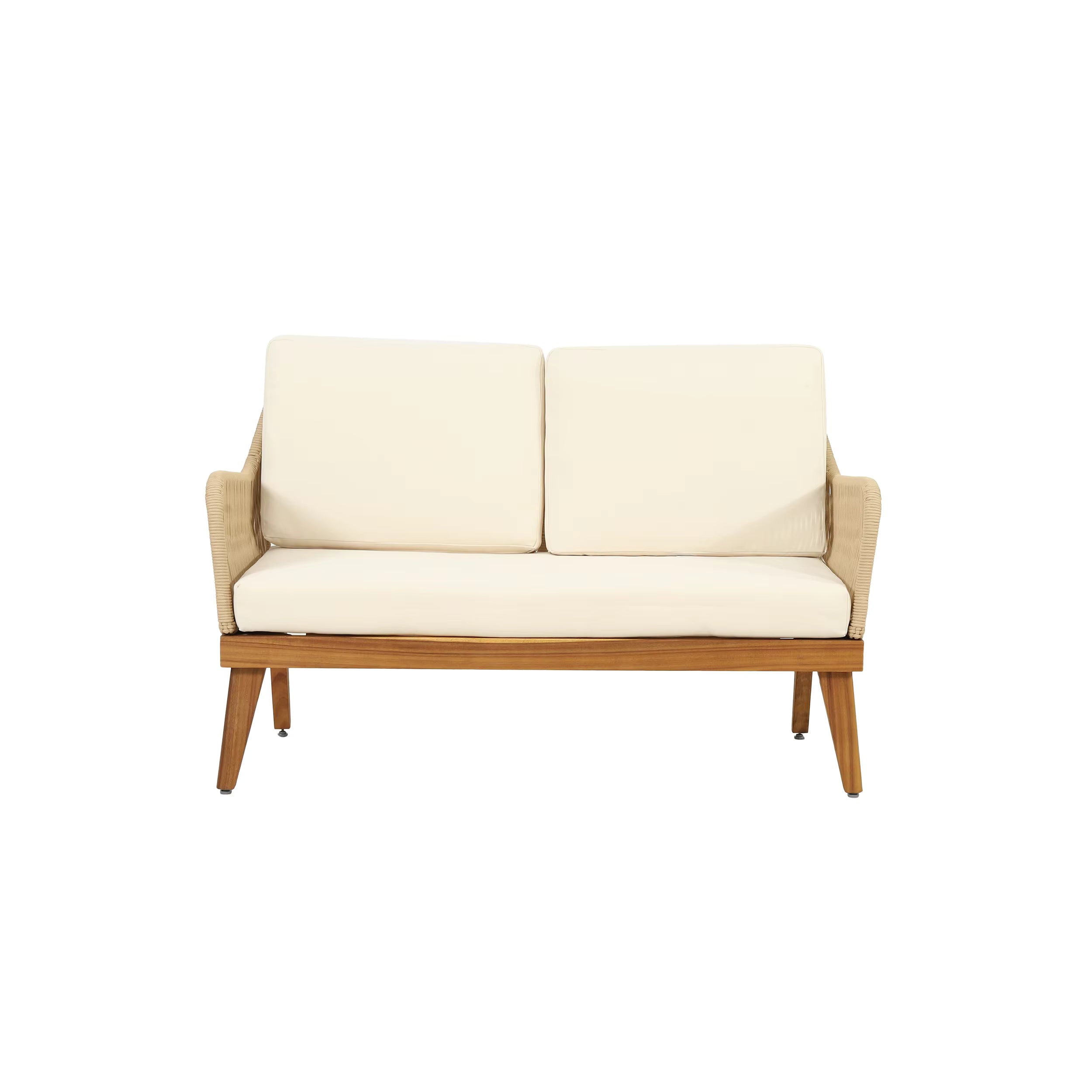 Outdoor 4-Piece Convertible Acacia Wood Chat Set Loveseat and 2 Club Chairs with Rope 1 Table Set for Hotels