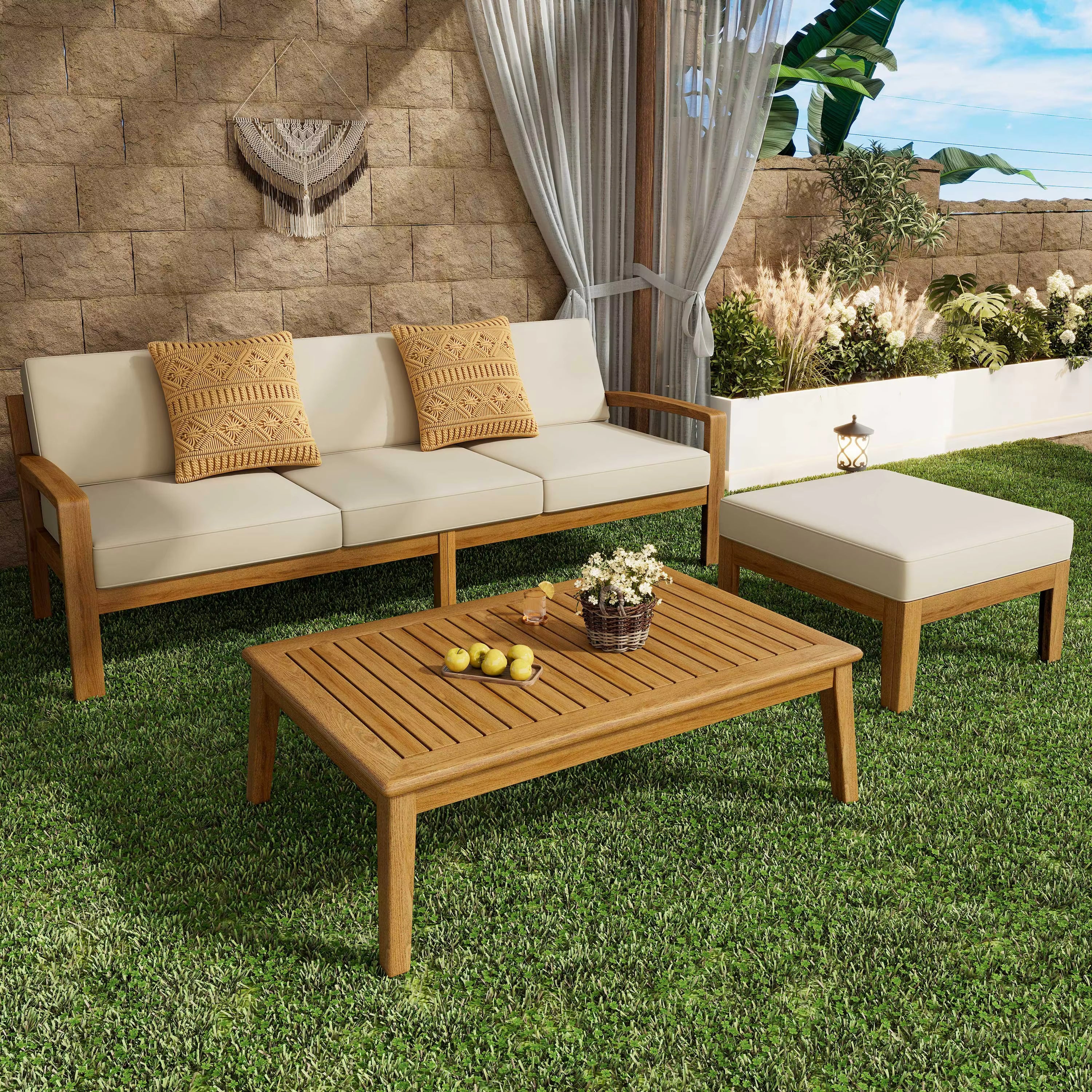 Luxury More Design Waterproof Living Room Patio Hotel Sectional Outdoor Sofa Teak Wood Balcony Garden Set Square Cheap Apartment