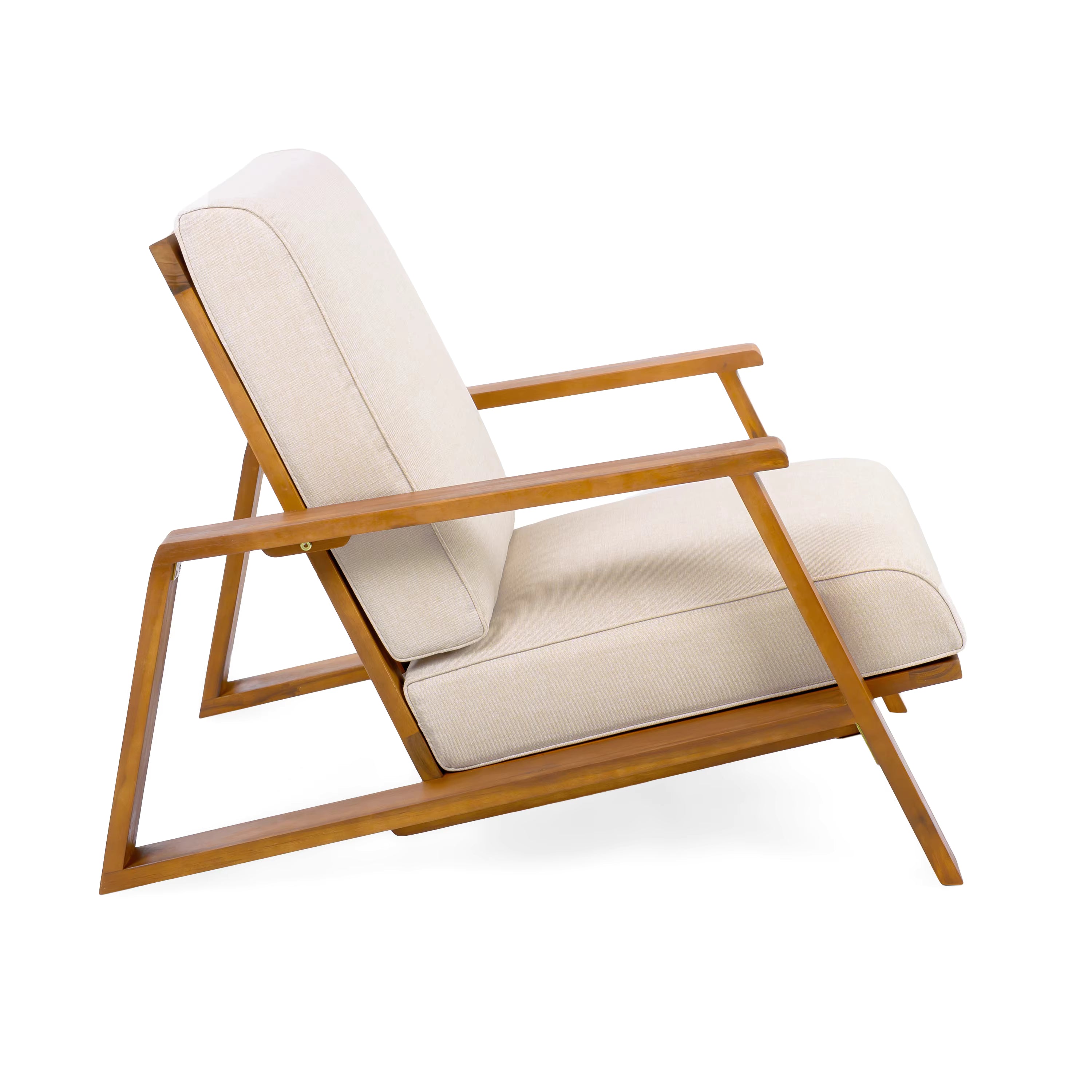Modern Patio Lounge Chair Outdoor Club Chair with Beige Cushion and Teak Acacia Wood Frame for Courtyard and Beach Use