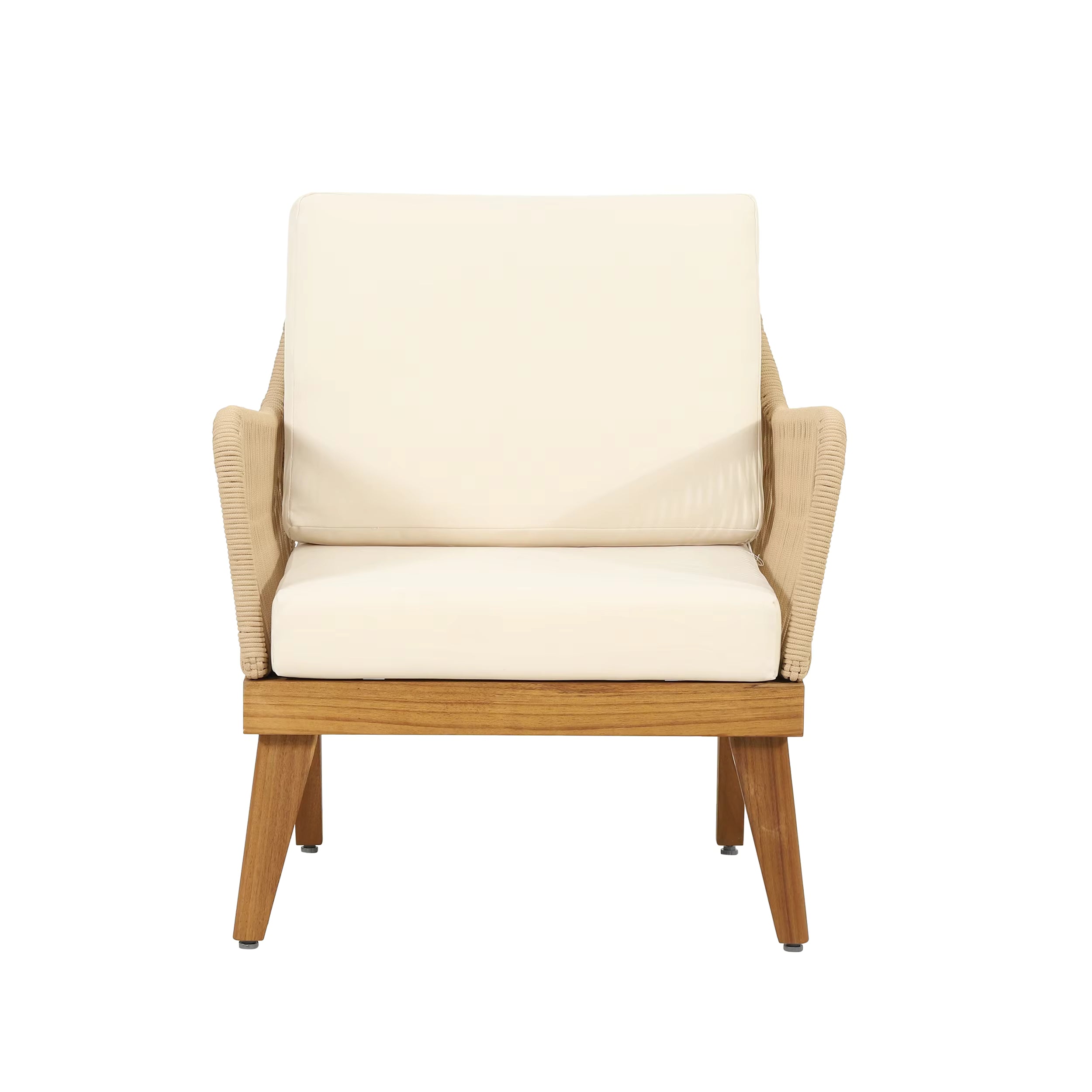 Outdoor 4-Piece Convertible Acacia Wood Chat Set Loveseat and 2 Club Chairs with Rope 1 Table Set for Hotels