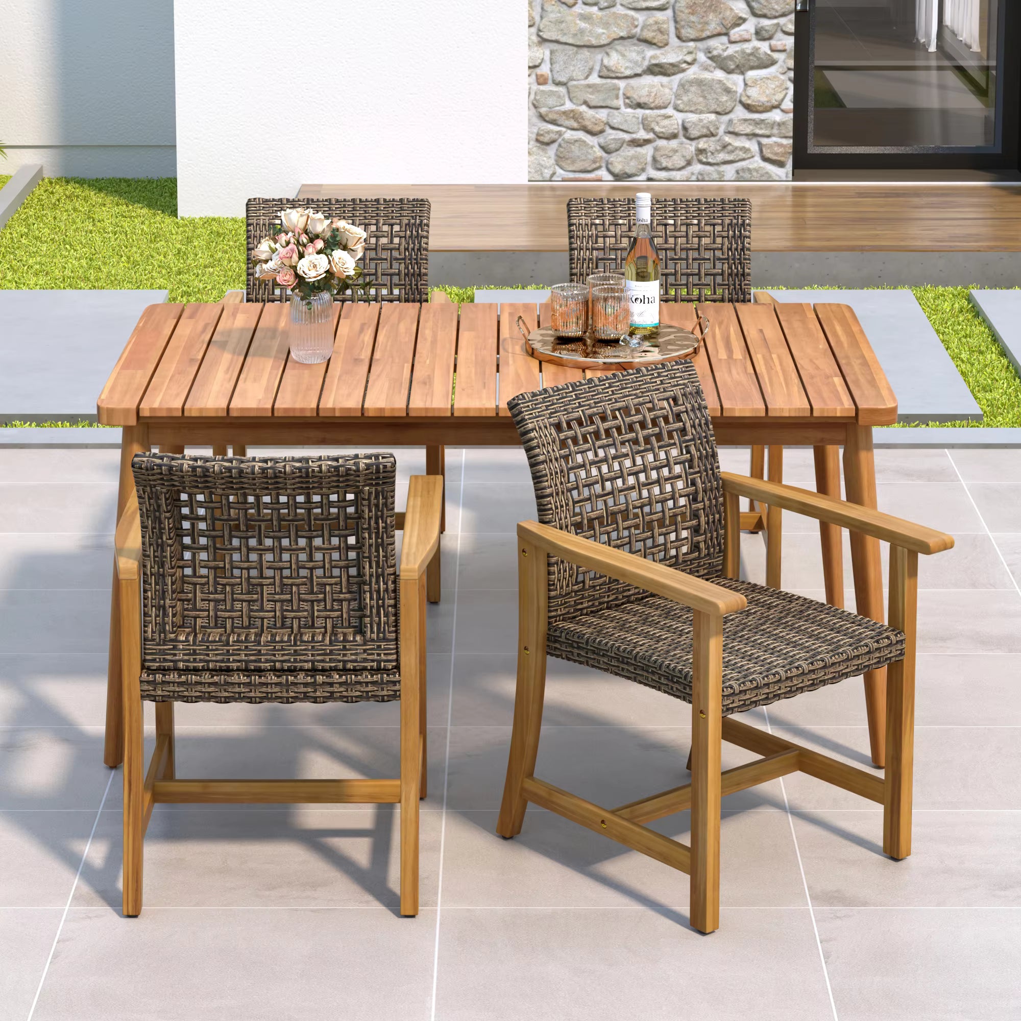 5-Piece Modern Design Water Resistant Patio Dining Set 63" Slatted Table & 4 Acacia Wood & PE Rattan Chairs for Patio Garden