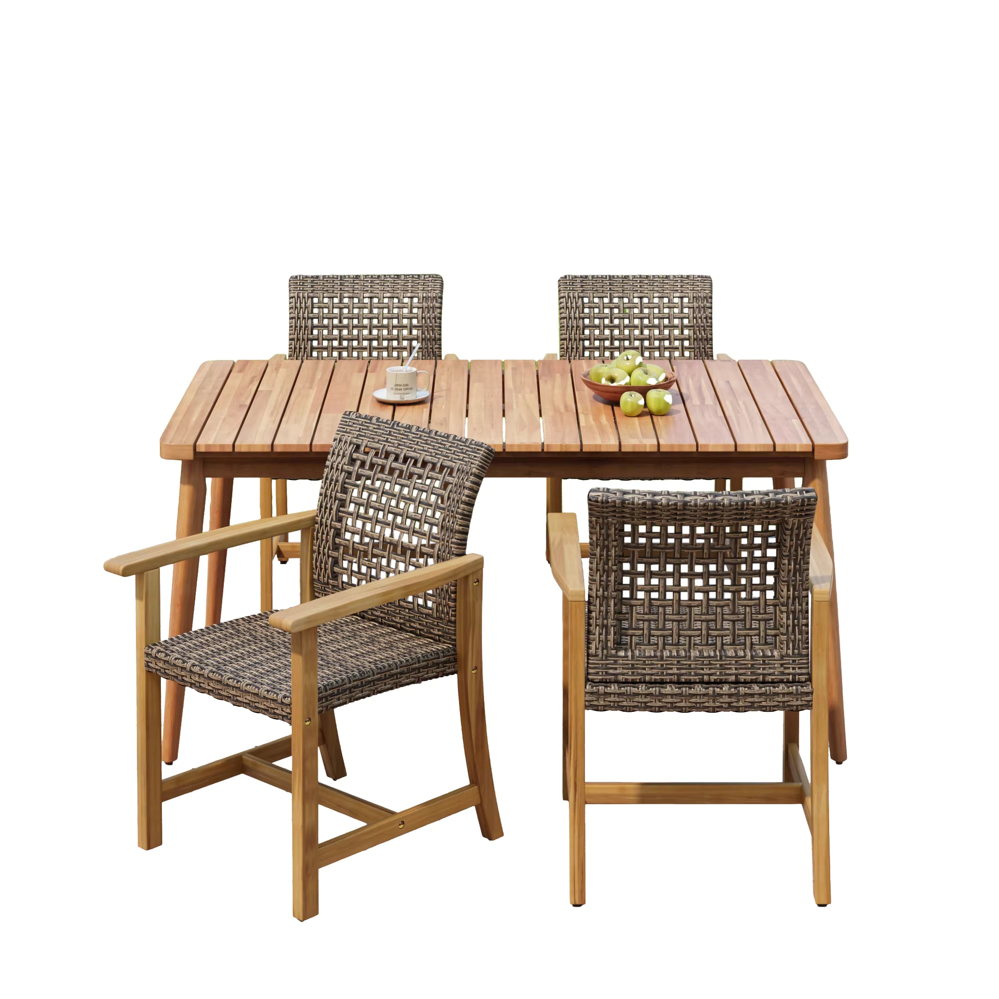5-Piece Modern Design Water Resistant Patio Dining Set 63" Slatted Table & 4 Acacia Wood & PE Rattan Chairs for Patio Garden
